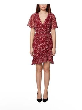 BCBGeneration Red Flutter Sleeve Ruched Dress